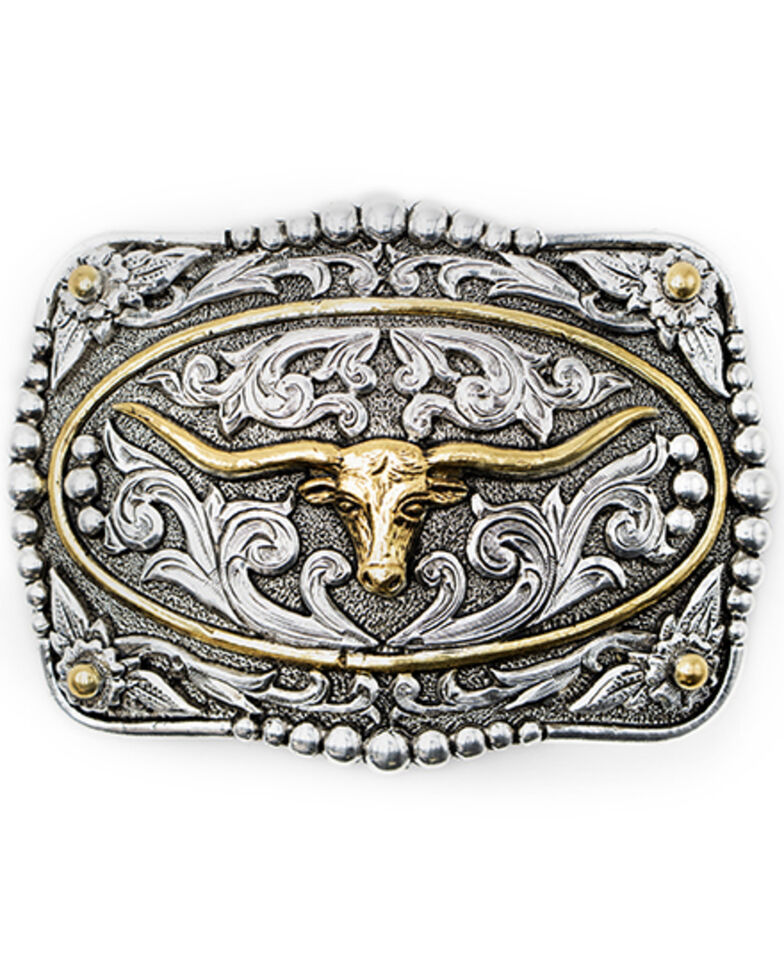 Cody James Men's Scrolled Longhorn With Gold Ring Belt Buckle, No Color, hi-res