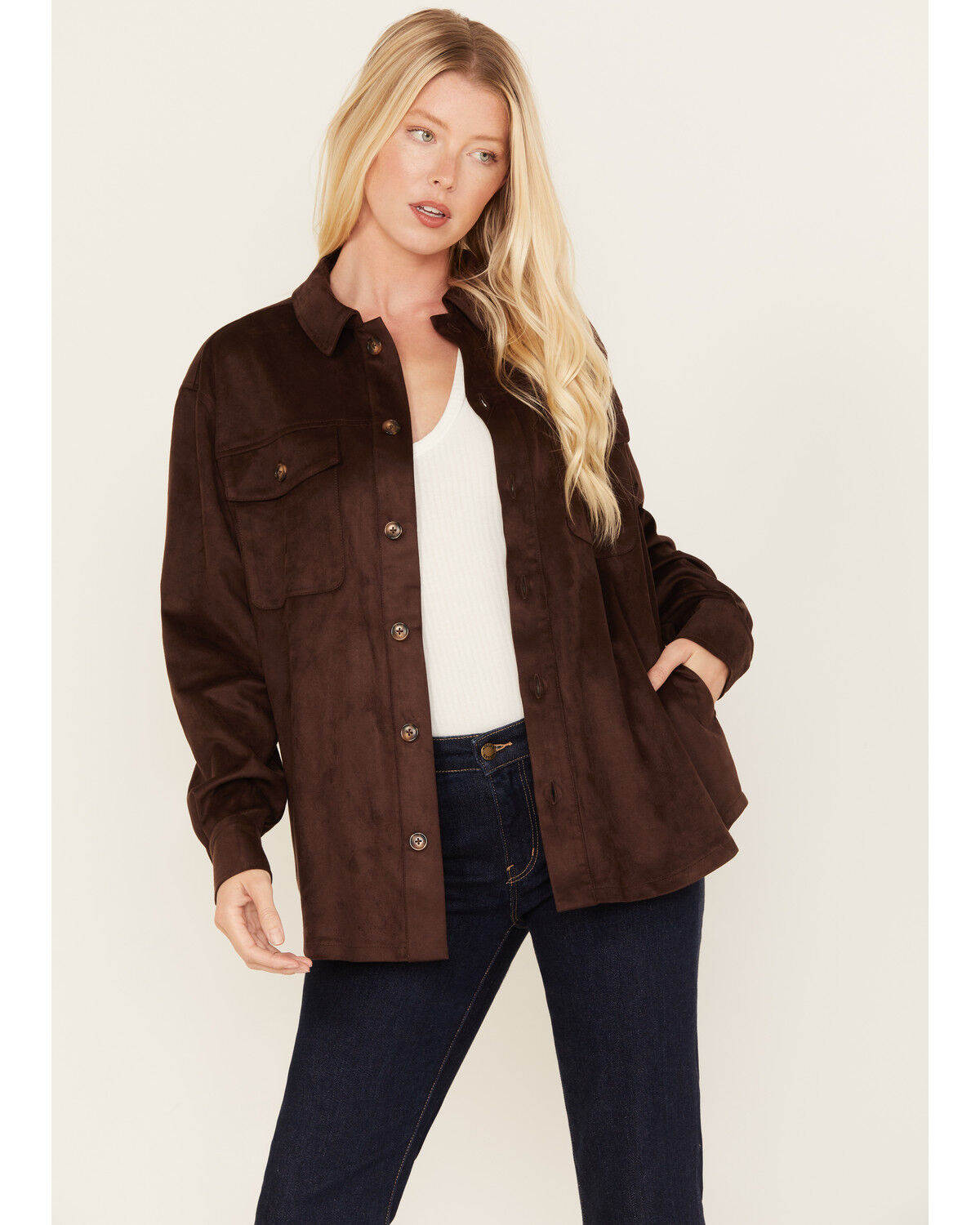 Image #1 - Cleo + Wolf Women's Faux Suede Shacket, Chocolate, hi-res