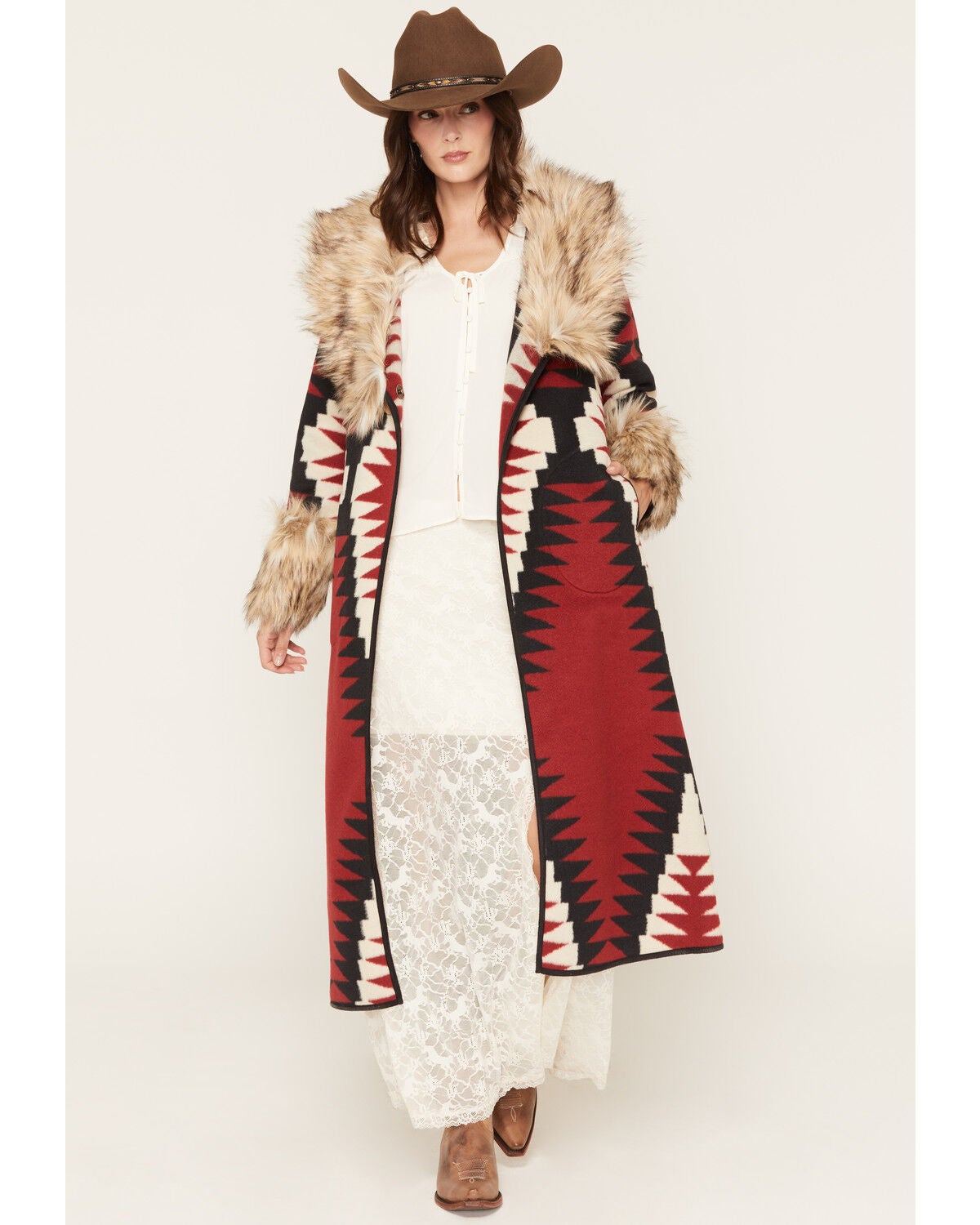 Tasha Polizzi Women's Clay Faux Fur Southwestern Print Coat, Red, hi-res
