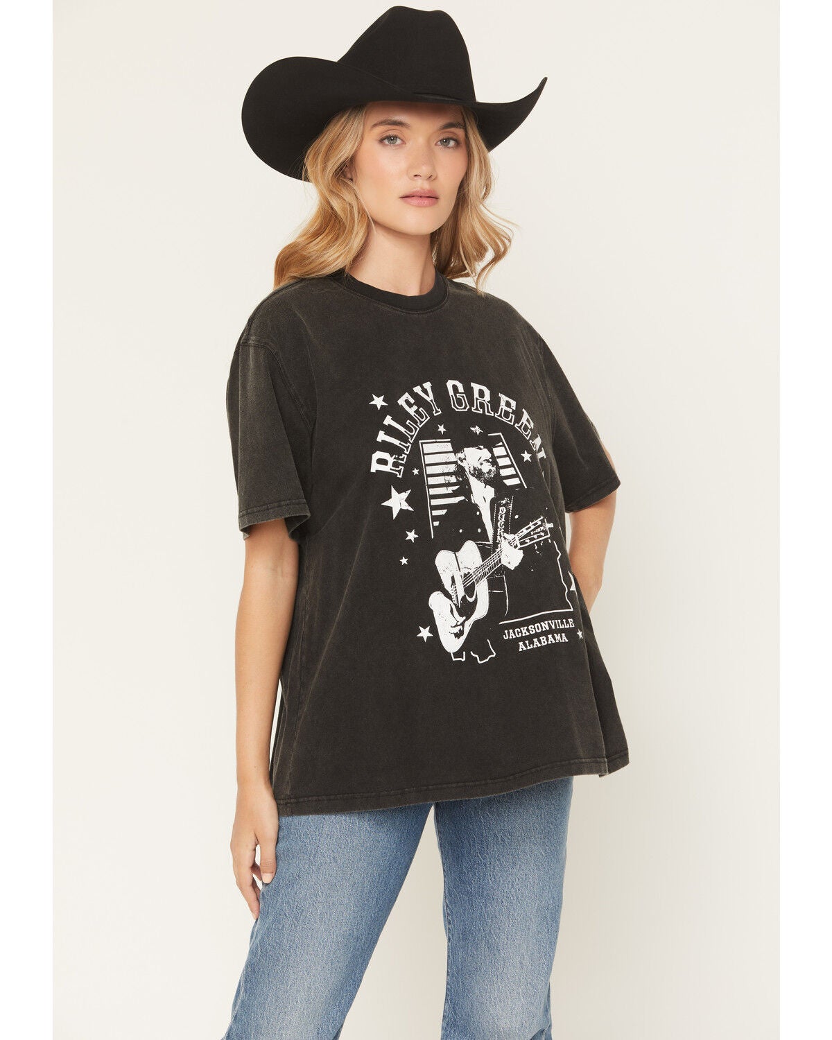 Image #1 - People of Leisure Women's Riley Green Guitar Oversized Short Sleeve Graphic Tee, Black, hi-res