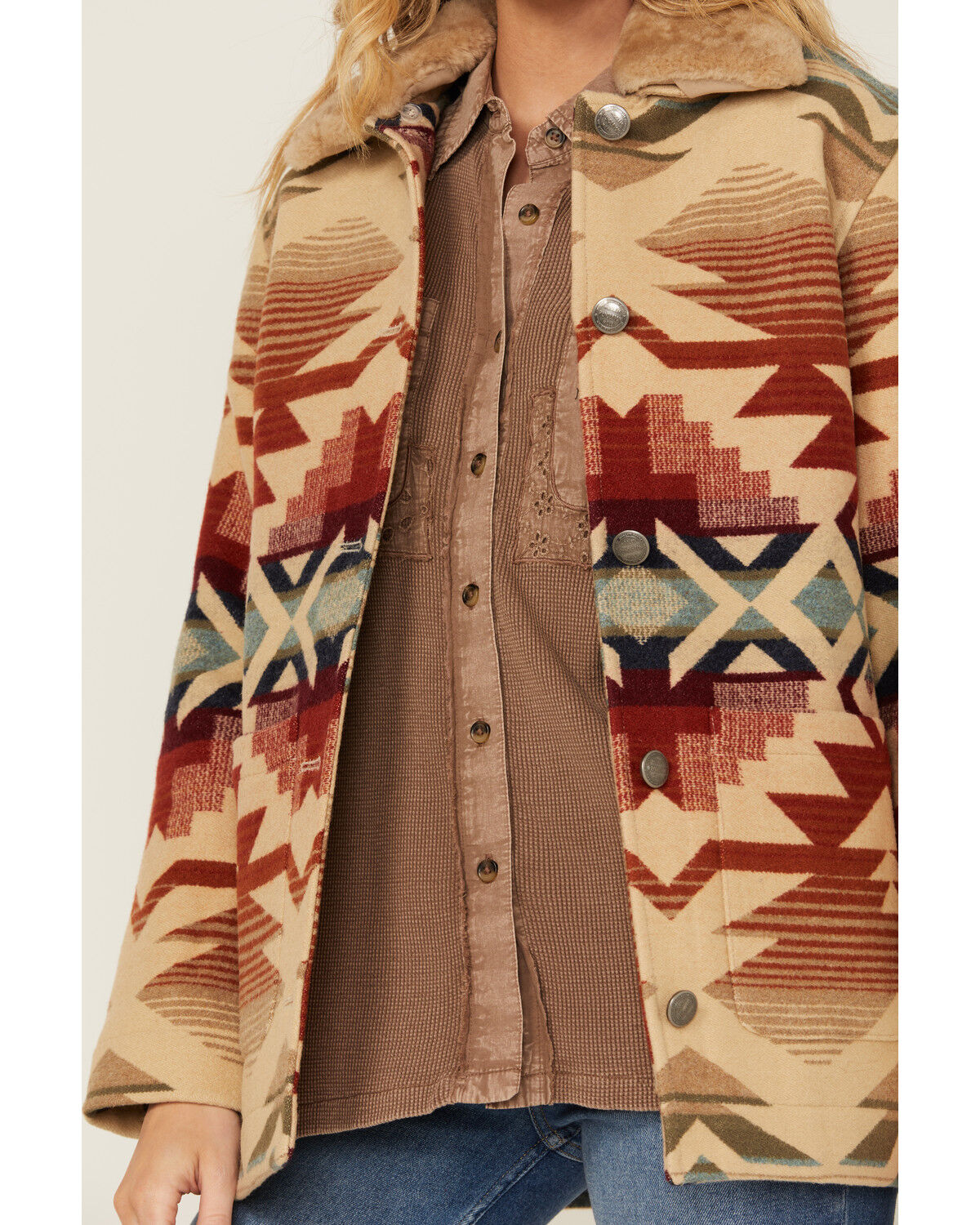 Image #3 - Pendleton Women's Sherpa Collar Printed Coat, Tan, hi-res
