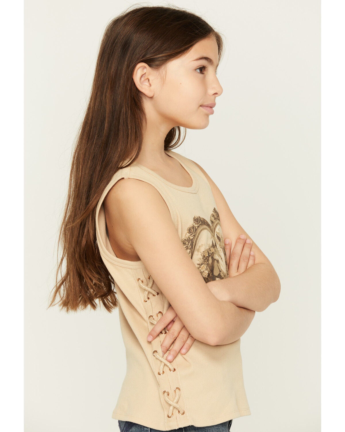 Image #2 - Buttercup Girls' Horse Lace-Up Tank, Brown, hi-res