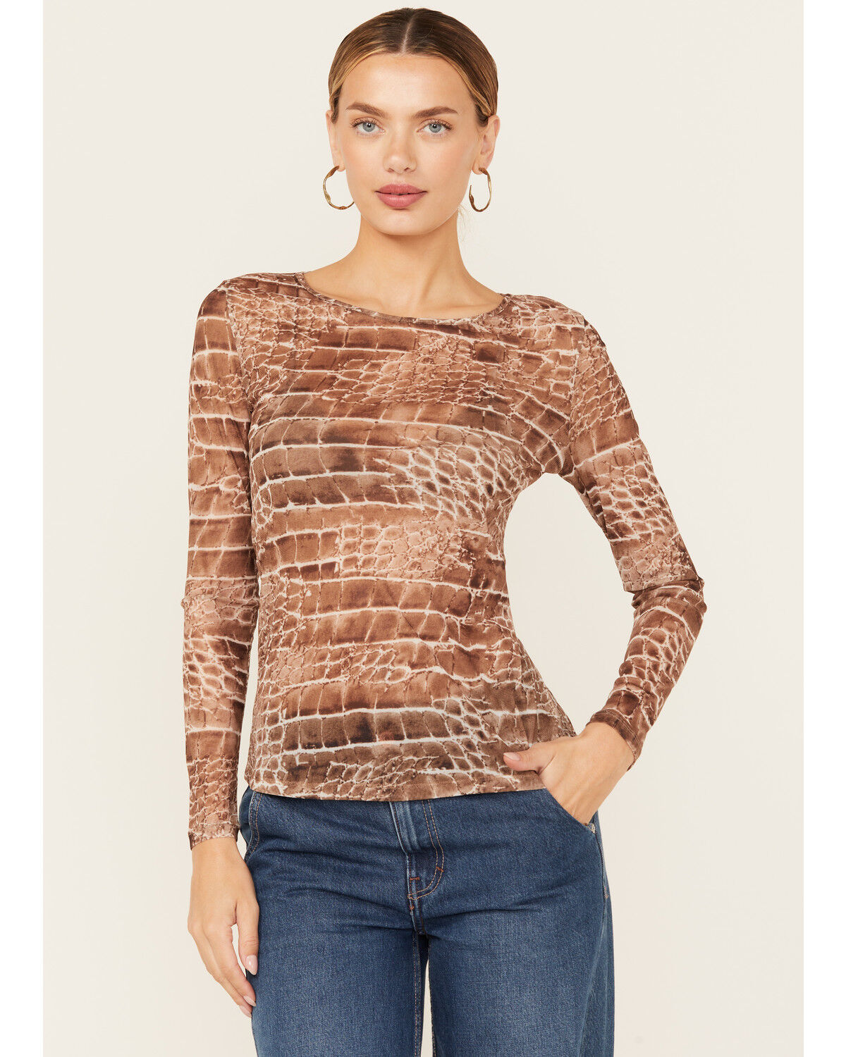 Image #1 - Vocal Women's Snake Print Long Sleeve Mesh Top, Brown, hi-res