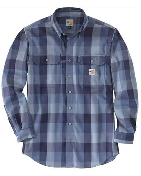 Image #1 - Carhartt Men's FR Twill Plaid Print Long Sleeve Button Down Work Shirt , Navy, hi-res
