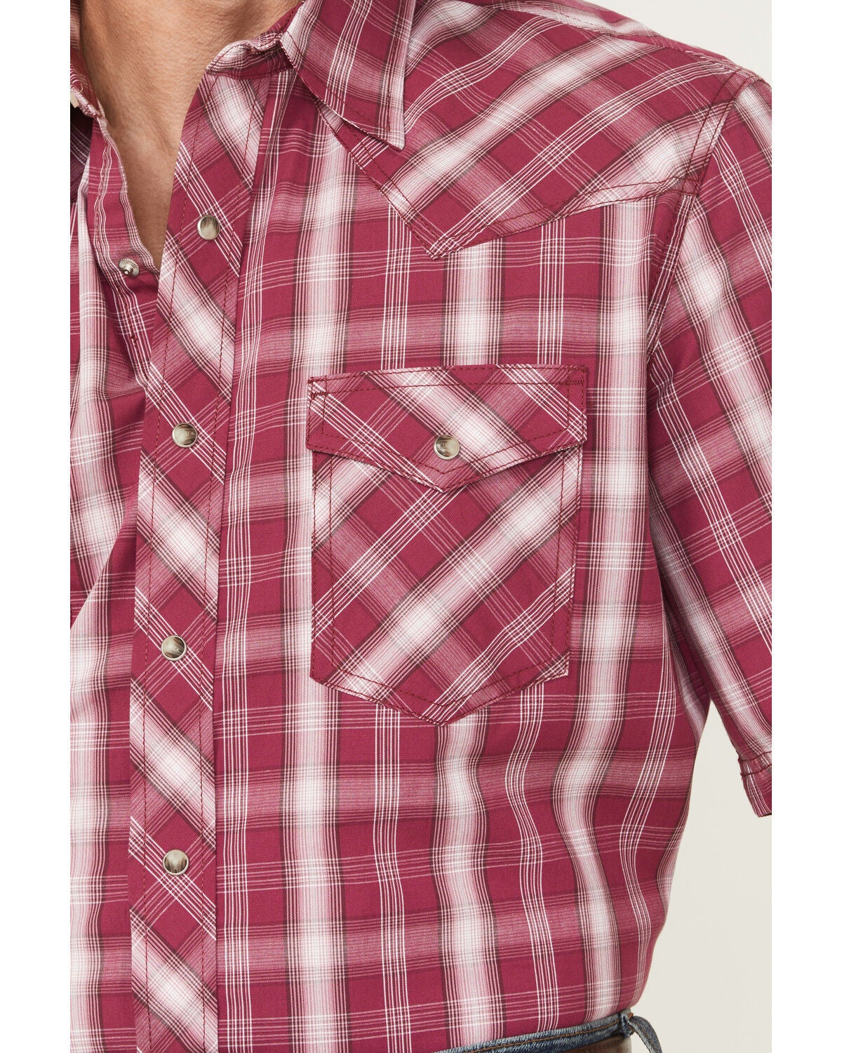 Image #3 - Wrangler 20X Men's Plaid Print Short Sleeve Snap Stretch Western Shirt - Tall, Wine, hi-res