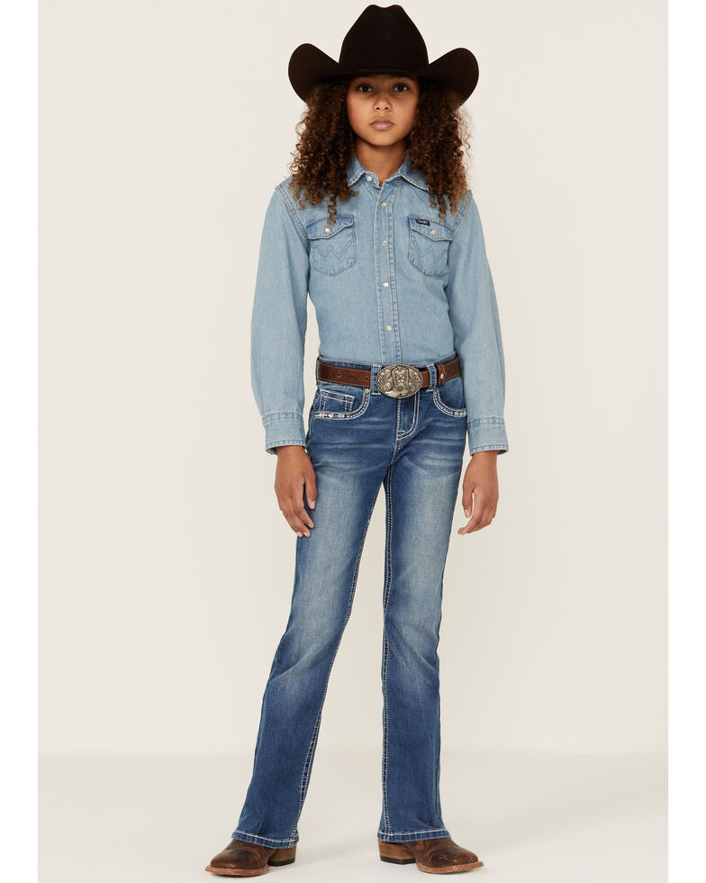 Shyanne Girls' Diamond Embroidered Pocket Bootcut Jeans, Blue, hi-res
