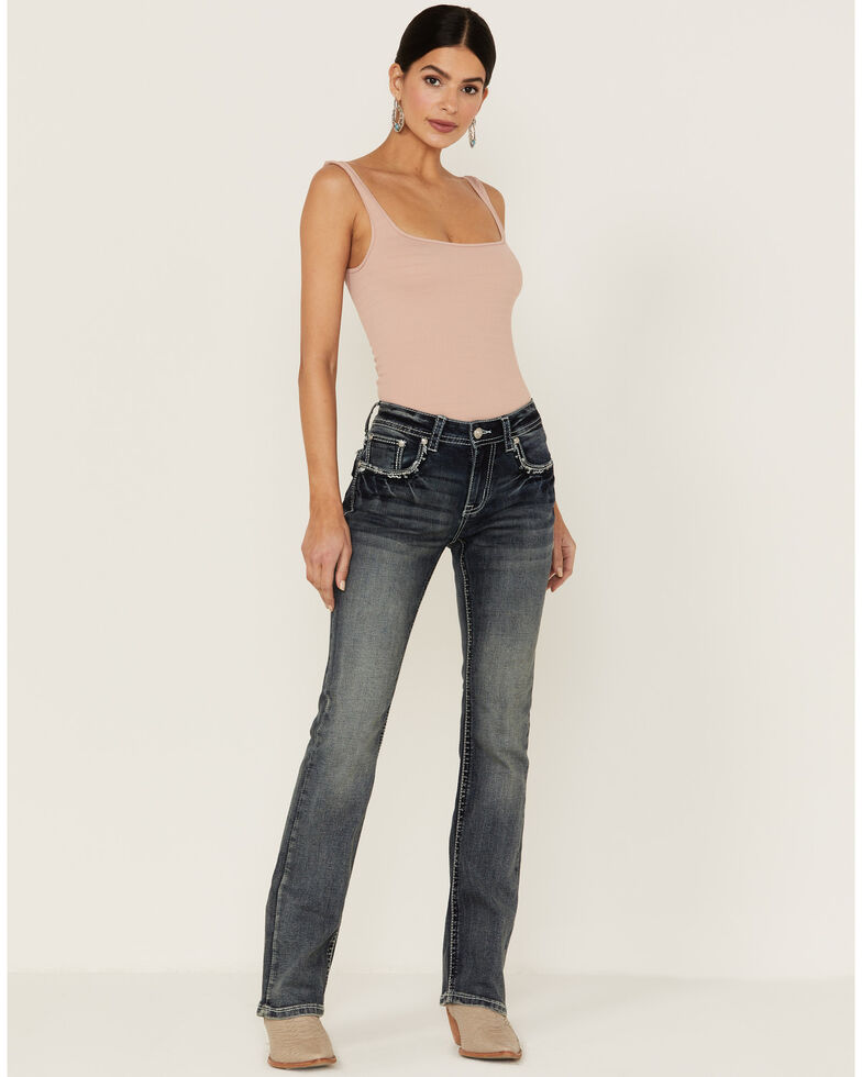 Grace in LA Women's Medium Dark Wash Faded Mid-Rise Border Pocket Bootcut Jeans, Blue, hi-res