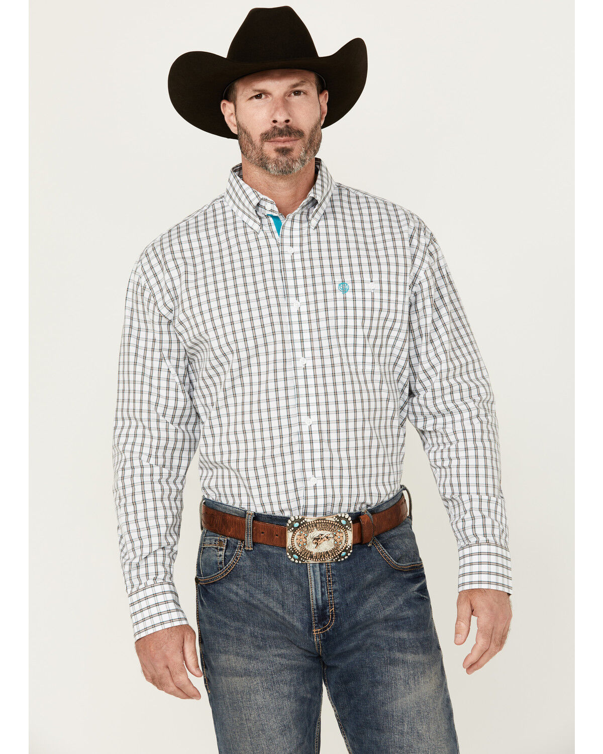 Image #1 - George Strait by Wrangler Plaid Print Long Sleeve Button-Down Stretch Western Shirt, White, hi-res
