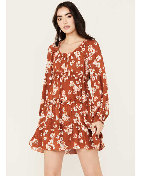 Image #2 - Wild Moss Women's Floral Print Ruffle Tiered Dress, Rust Copper, hi-res