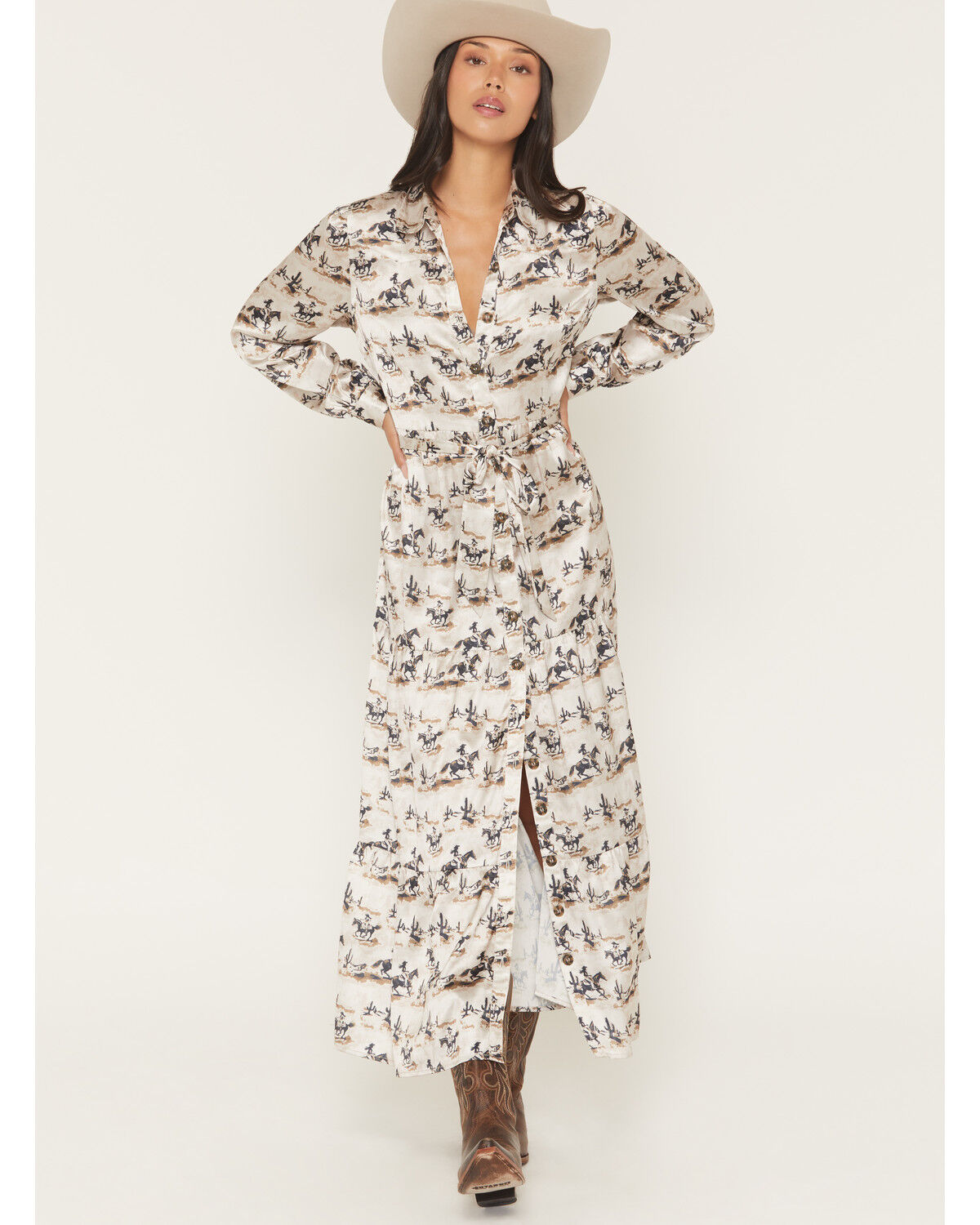 Image #1 - Panhandle Slim Women's Cowboy Rider Satin Long Sleeve Button-Down Maxi Skirt, Tan, hi-res