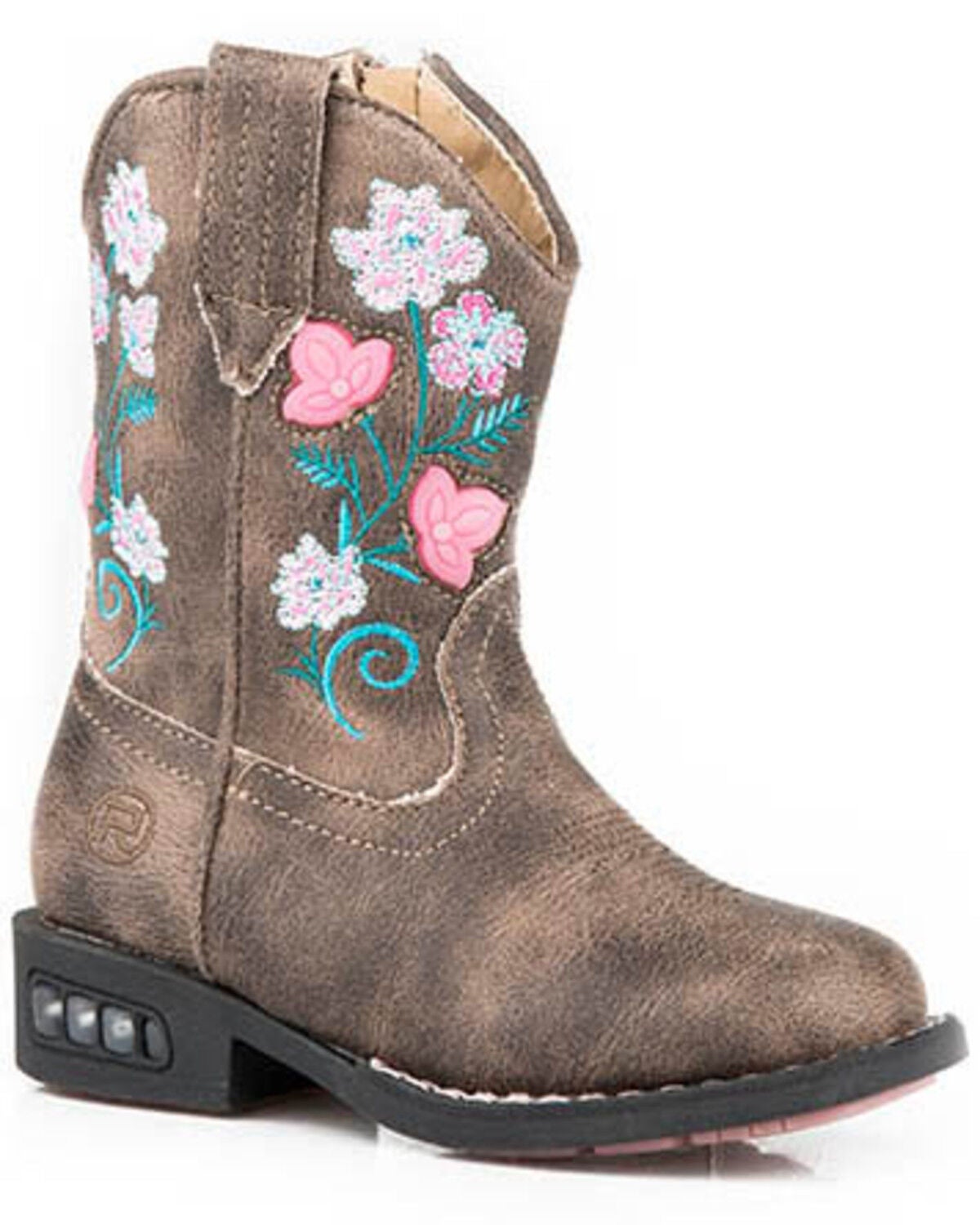 Roper Toddler Girls' Dazzle Floral Lights Western Boots - Square Toe, Brown, hi-res