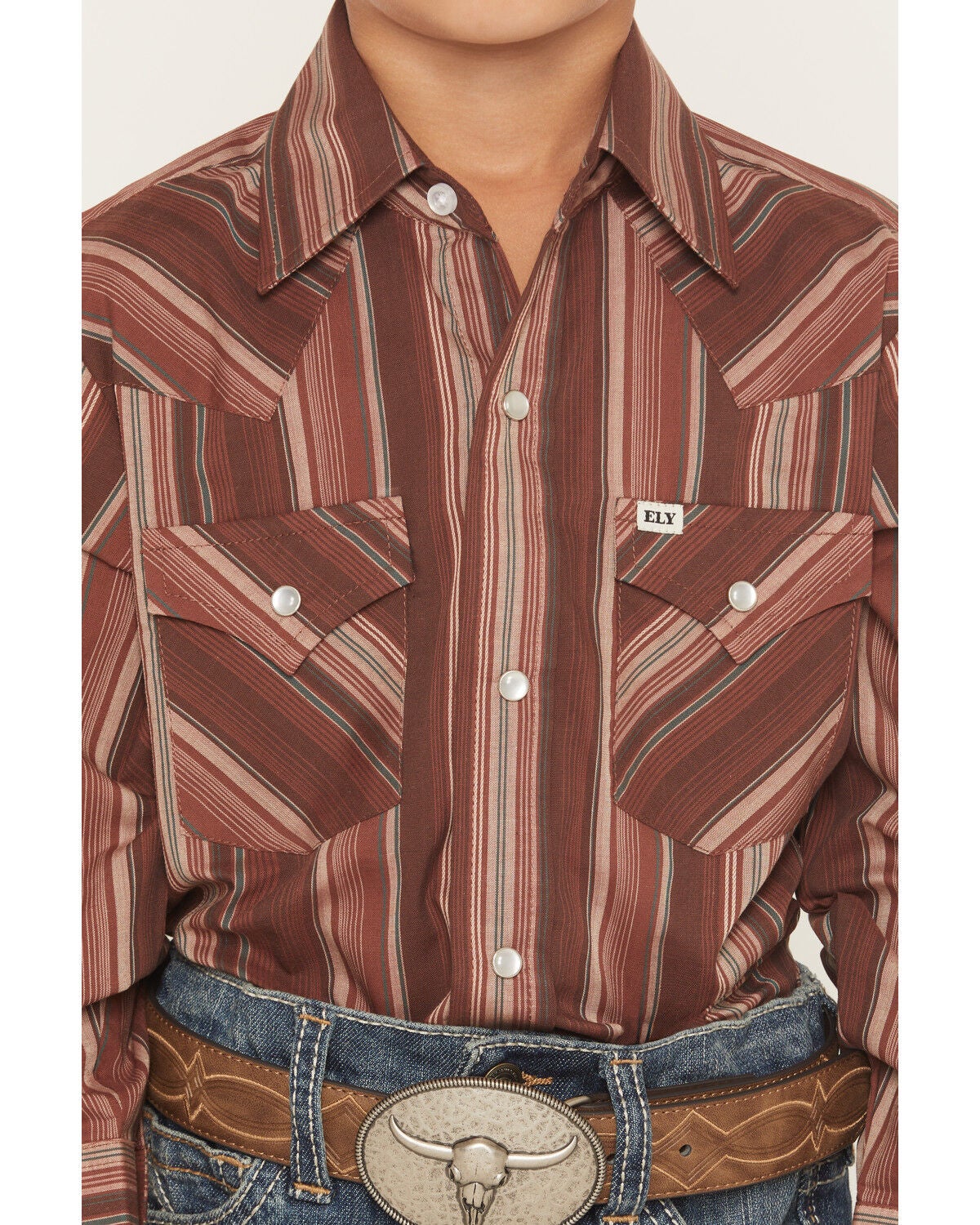 Image #3 - Ely Walker Boys' Striped Long Sleeve Pearl Snap Western Shirt, Burgundy, hi-res