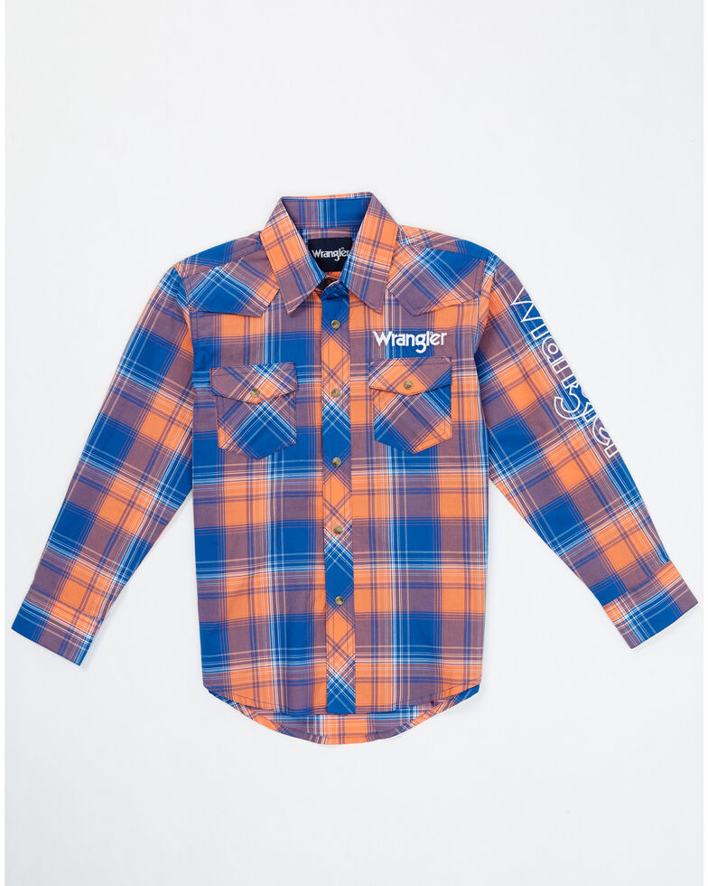 Wrangler Boys' Multi Plaid Logo Long Sleeve Snap Western Shirt , Multi, hi-res