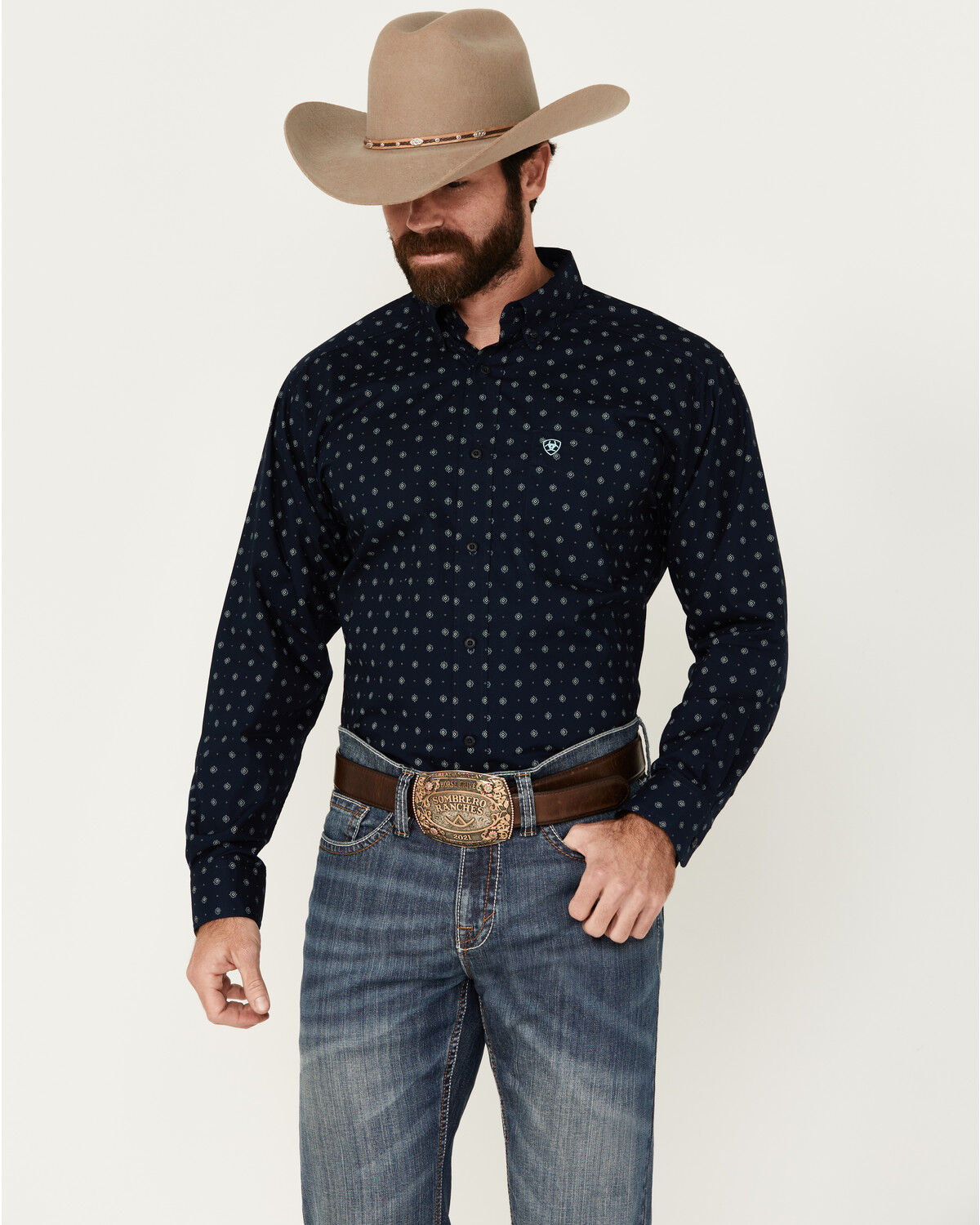 Image #1 - Ariat Men's Percy Geo Print Long Sleeve Button-Down Western Shirt, Dark Blue, hi-res