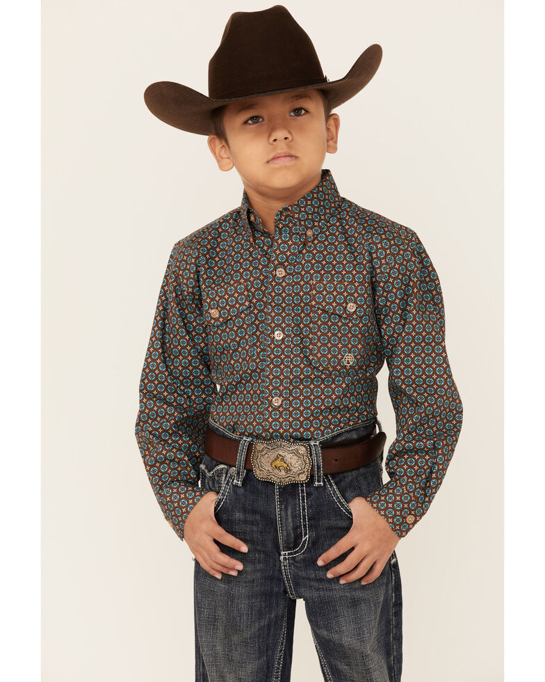 Roper Boys' Brown & Teal Country Geo Print Long Sleeve Button-Down Western Shirt , Brown, hi-res