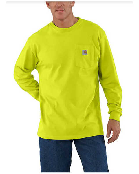 Image #1 - Carhartt Men's Loose Fit Heavyweight Long Sleeve Logo Pocket Work T-Shirt - Tall, Bright Green, hi-res