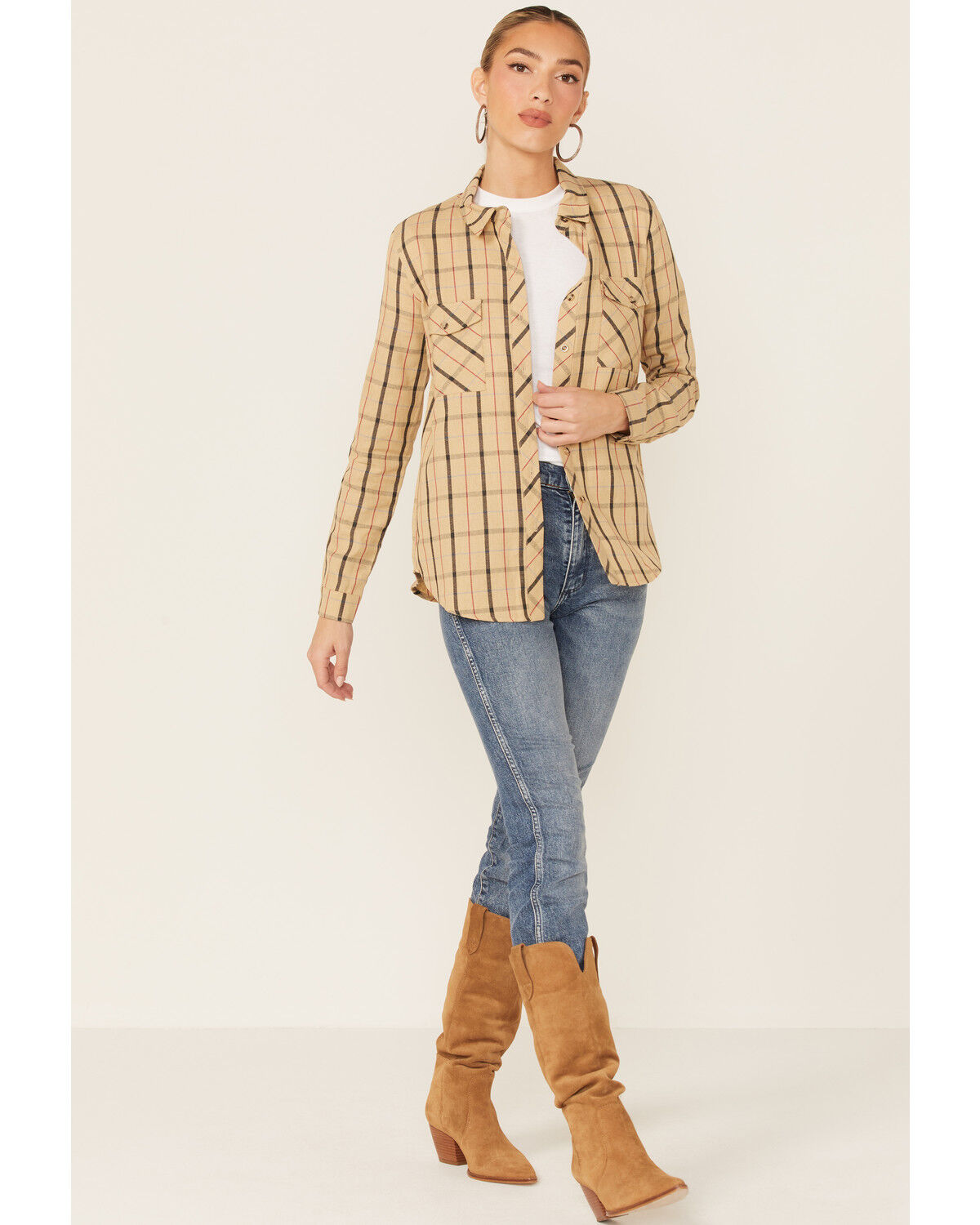 Image #4 - Wild Moss Women's Plaid Boyfriend Long Sleeve Woven Flannel Shirt, Tan, hi-res