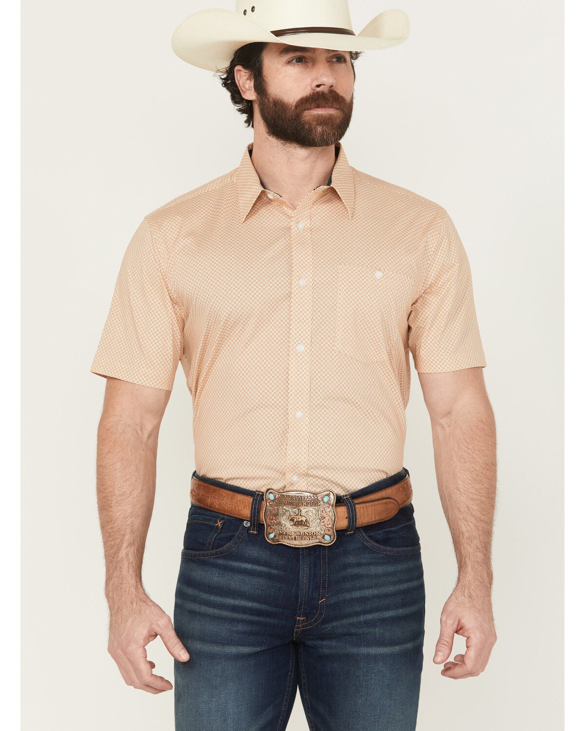 RANK 45&reg; Men's Cowboy Co Geo Print Short Sleeve Button-Down Stretch Western Shirt, Camel, hi-res