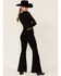Shyanne Women's Mid Rise Super Flare Frayed Hem Stretch Jeans, Black, hi-res