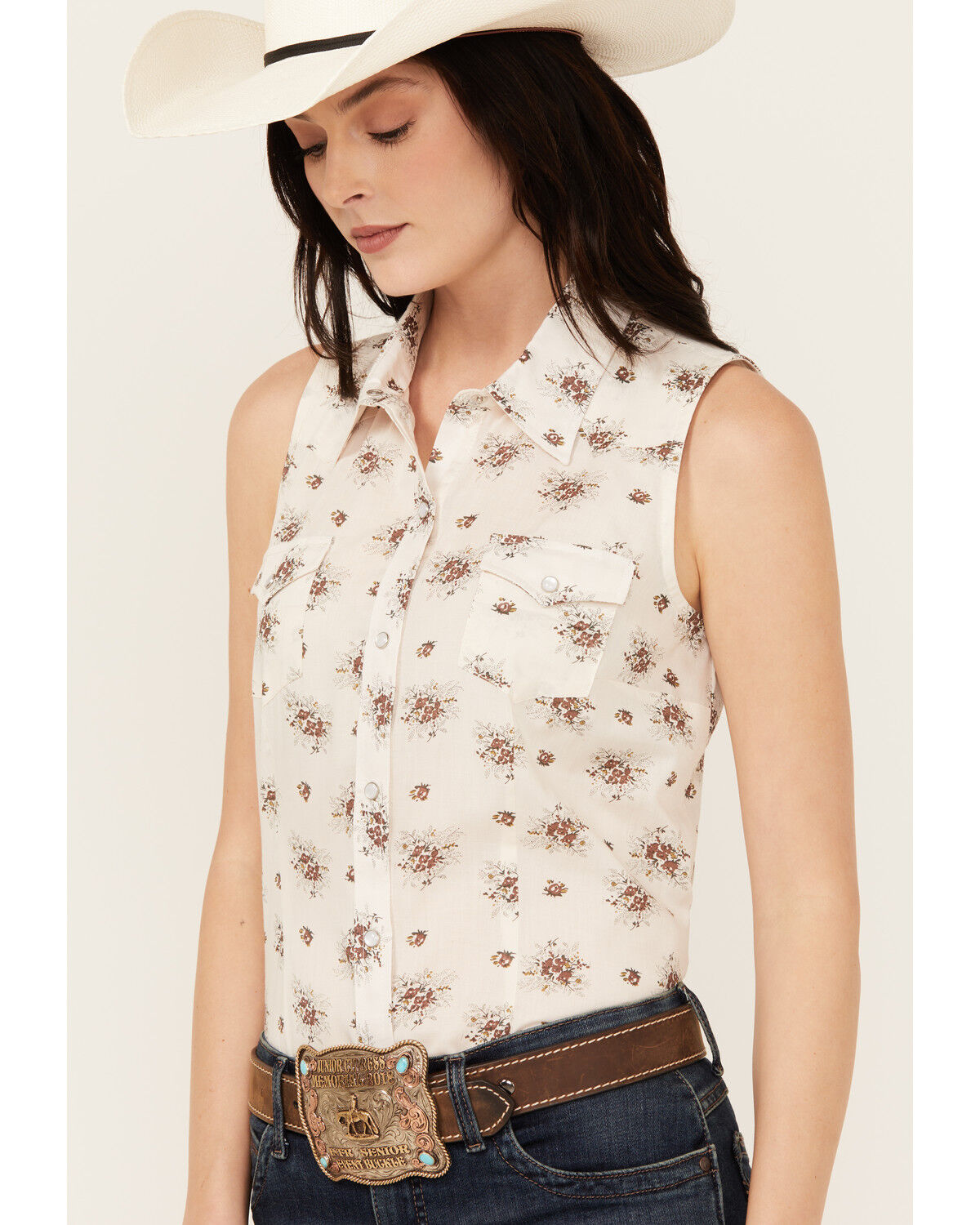 Image #2 - Roper Women's Floral Print Sleeveless Snap Western Shirt, Cream, hi-res