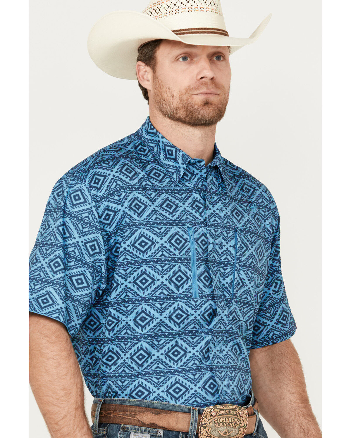 Image #2 - Ariat Men's VentTEK Geo Print Classic Fit Short Sleeve Shirt, Blue, hi-res