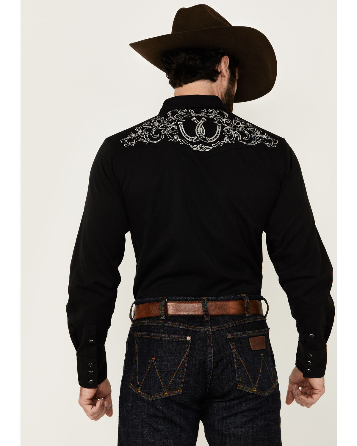 Image #4 - Roper Men's Old West Horseshoe Embroidered Long Sleeve Snap Western Shirt, Black, hi-res