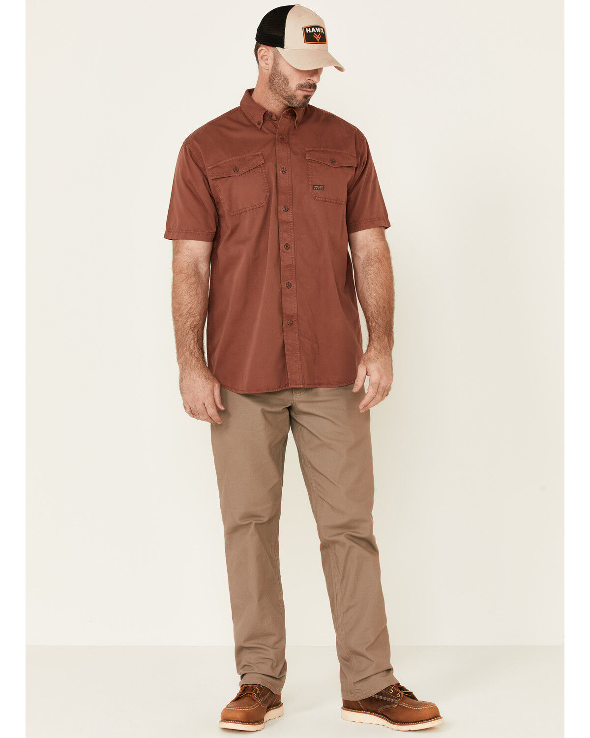 Image #2 - Ariat Men's Henna Solid Rebar Washed Twill Short Sleeve Button Down Work Shirt, Brown, hi-res