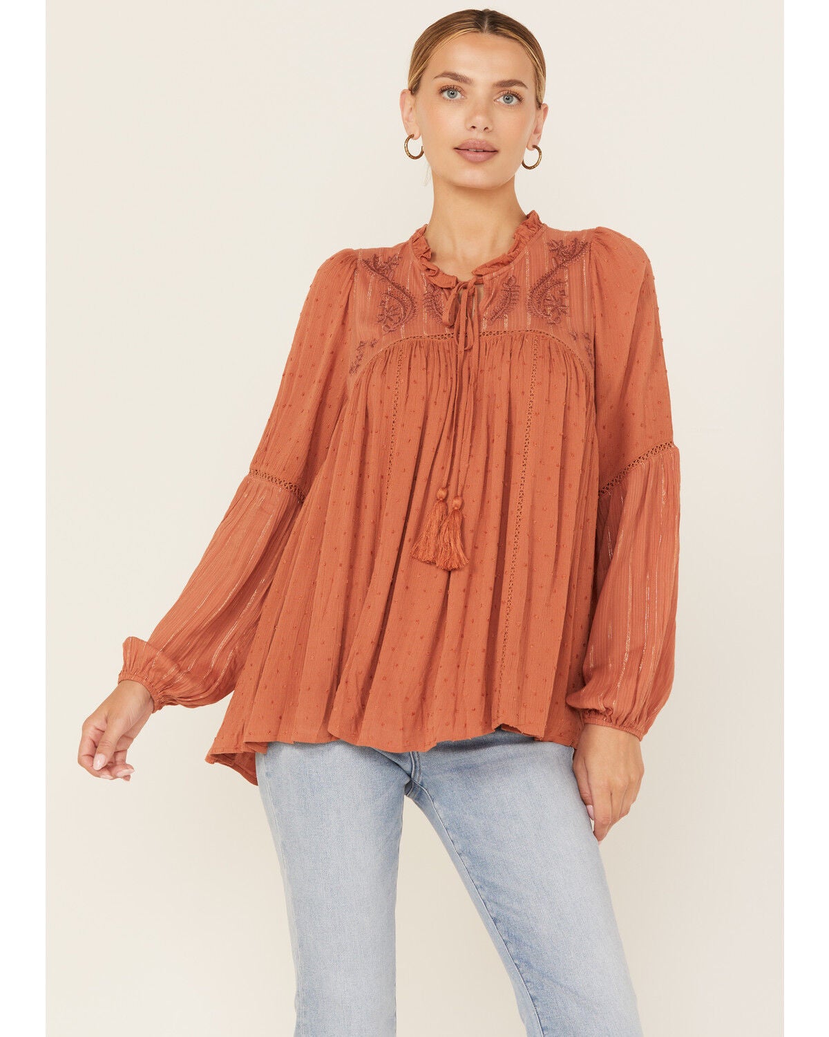 Miss Me Women's Embroidered Long Sleeve Blouse, Brick Red, hi-res