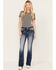 Miss Me Women's Dark Wash Mid Rise Non-Flap Fleur De Lis Bootcut Jeans, Dark Wash, hi-res