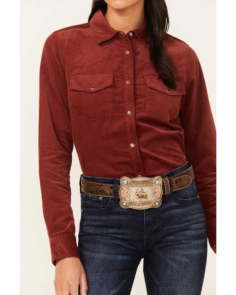 Image #3 - Shyanne Women's Maplewood Long Sleeve Pearl Snap Corduroy Shirt , Dark Red, hi-res