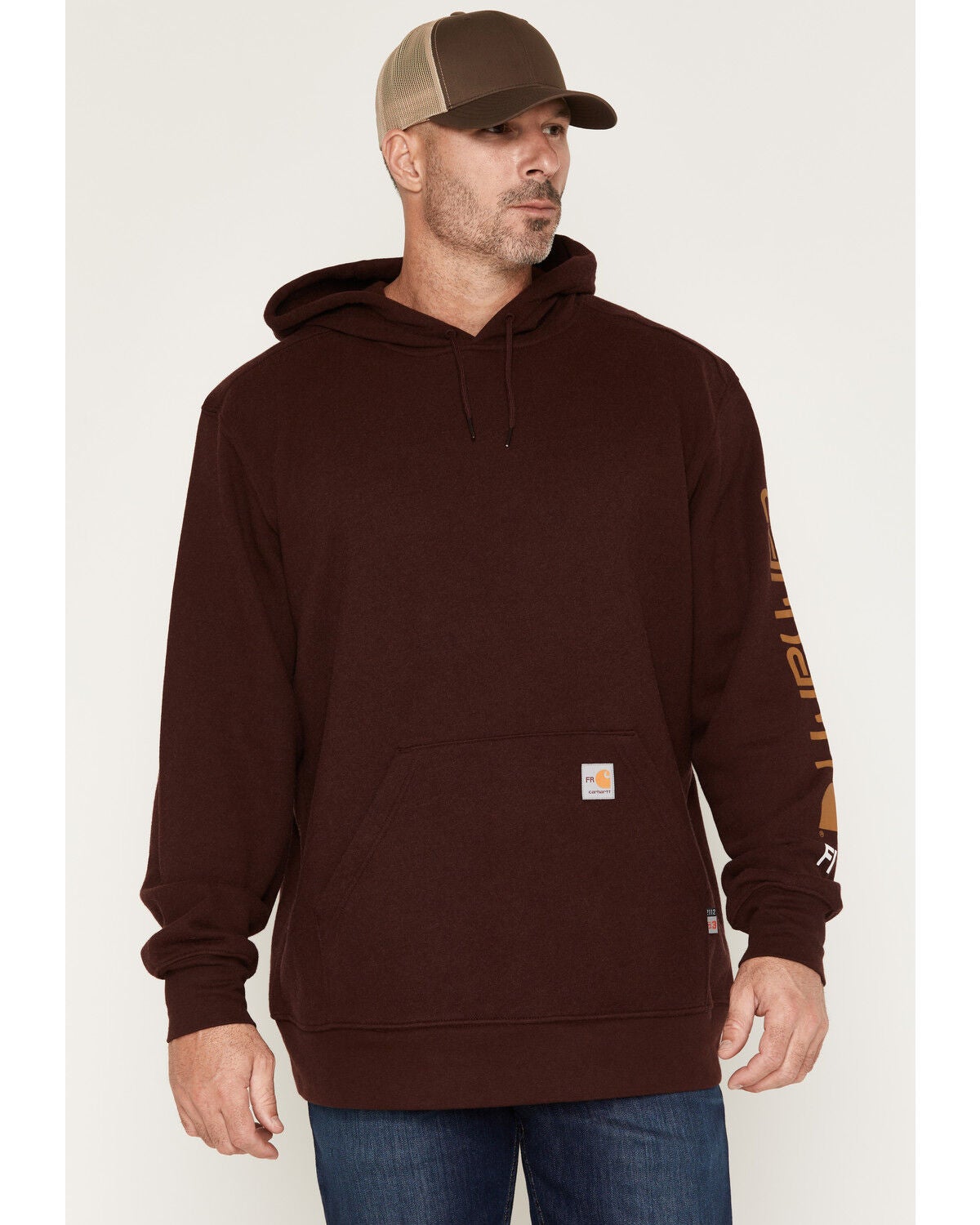 Carhartt Men's FR Force&reg; Midweight Logo Hooded Sweatshirt, Wine, hi-res
