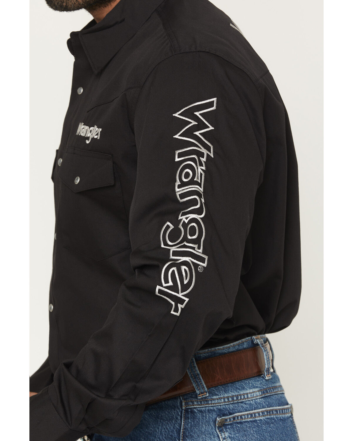 Image #2 - Wrangler Men's Solid Logo Long Sleeve Snap Western Shirt, Black, hi-res