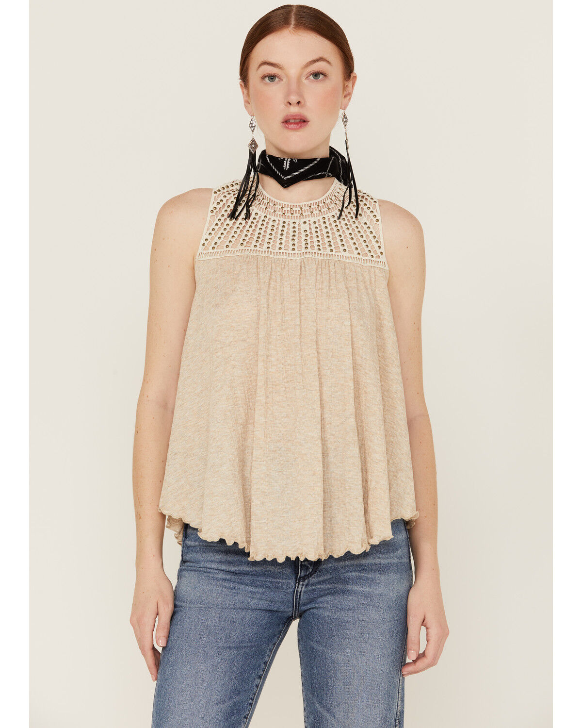 Image #1 - Wild Moss Women's Crochet Studded Yoke Flowy Tank Top, Cream, hi-res