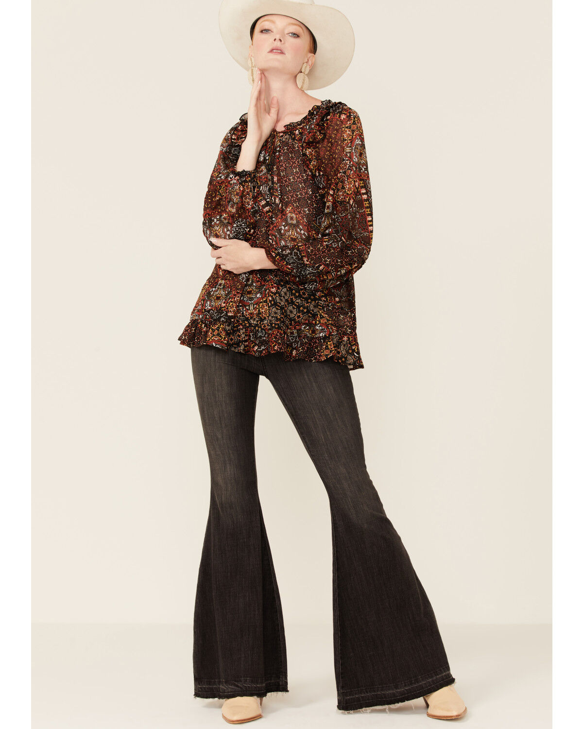 Image #4 - Miss Me Women's Boho Paisley Peasant Top, Black, hi-res