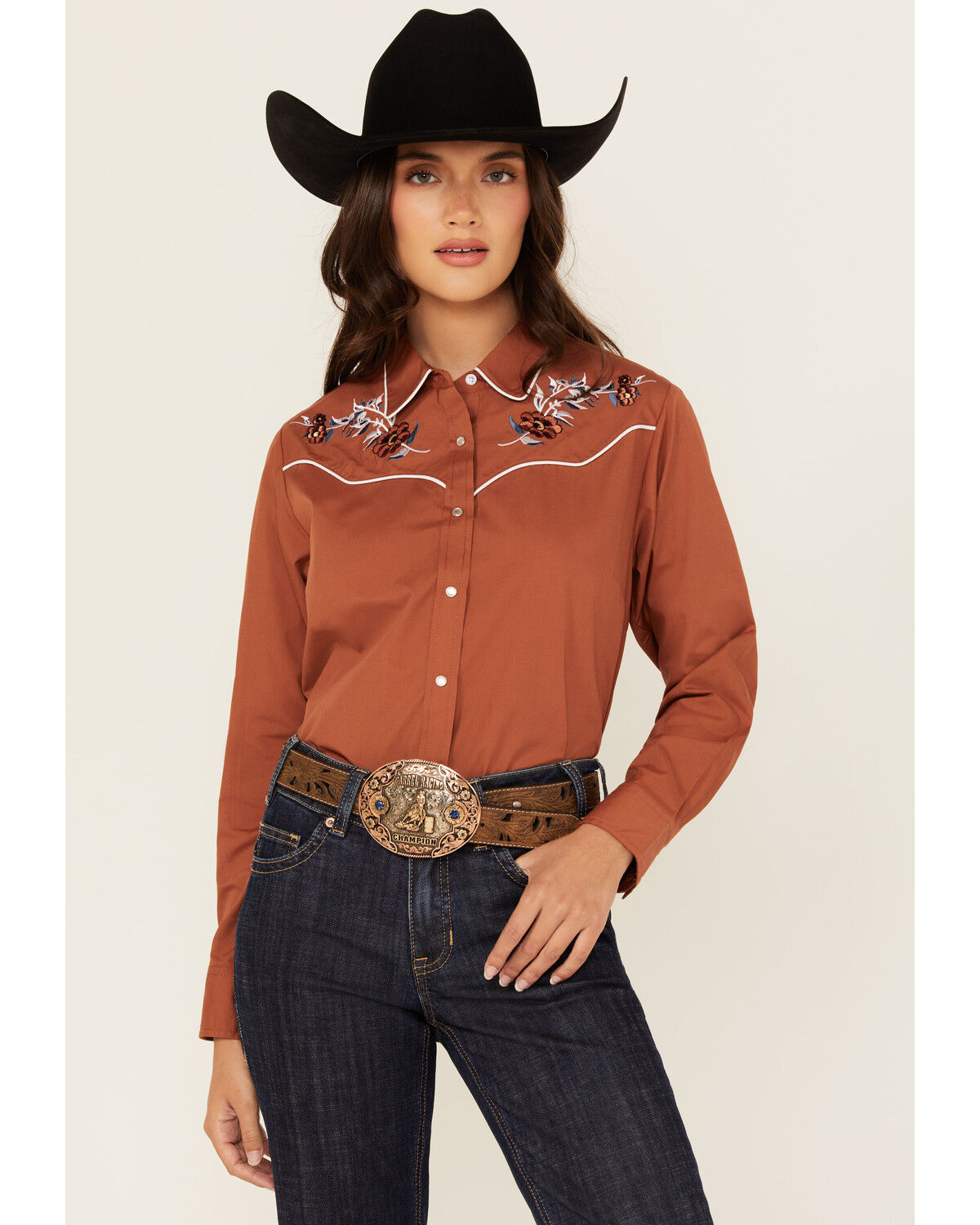 Image #2 - Ely Walker Women's Floral Embroidered Long Sleeve Pearl Snap Western Shirt, Rust Copper, hi-res