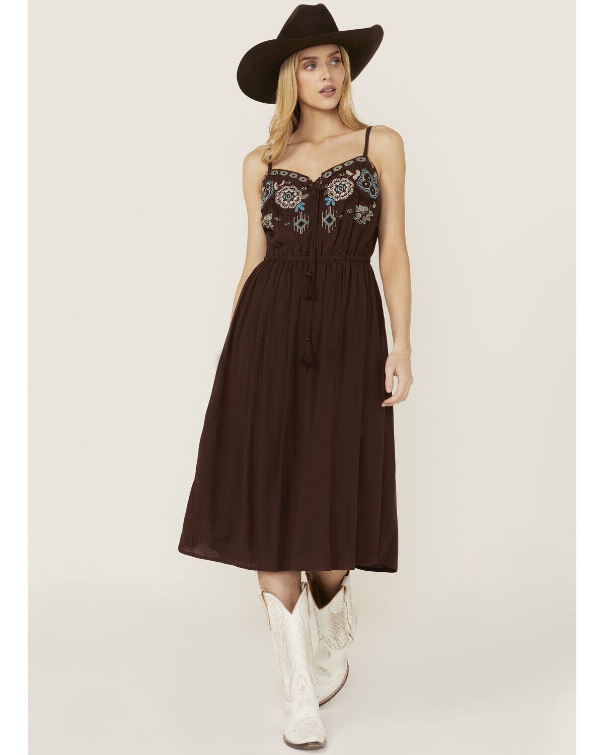 Image #1 - Shyanne Women's Embroidered Tie Front Midi Dress, Dark Brown, hi-res