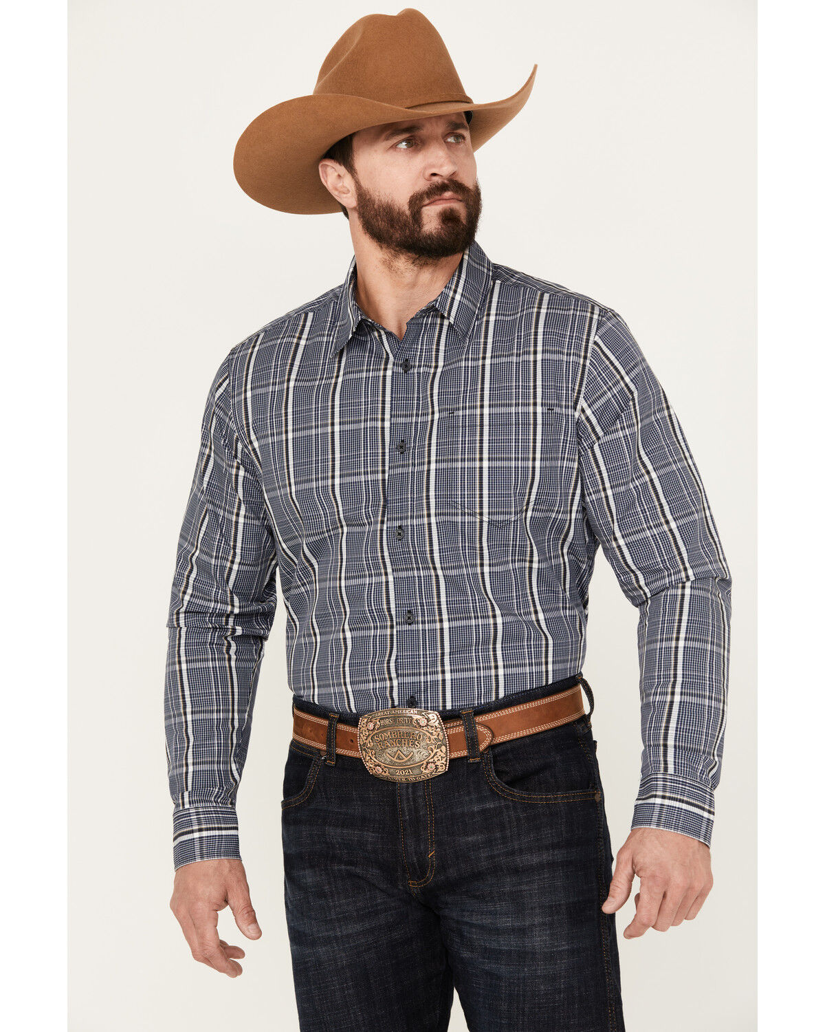 Image #1 - Gibson Trading Co Men's Night Watch Plaid Print Long Sleeve Button-Down Western Shirt, Navy, hi-res