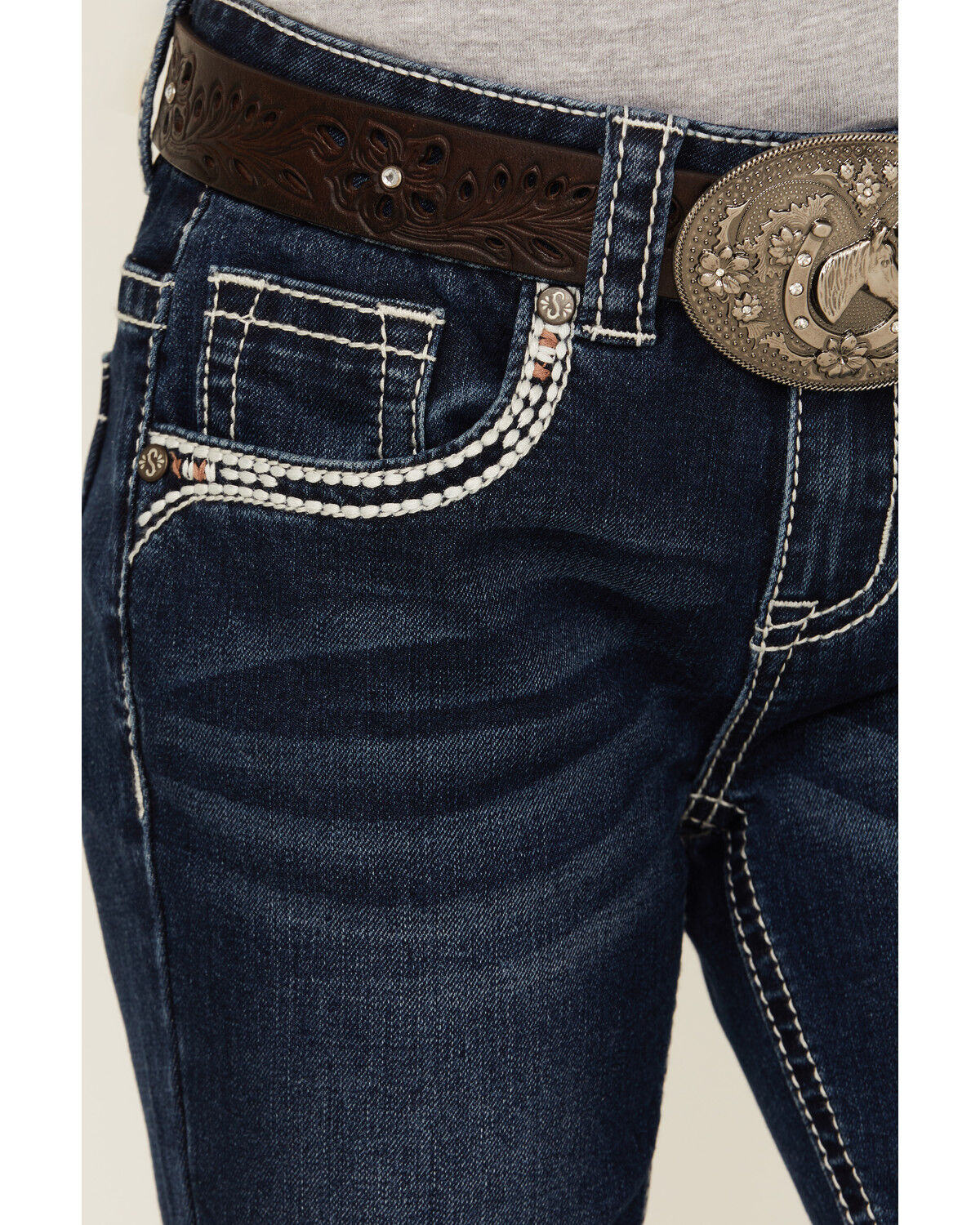 Image #4 - Shyanne Girls' Dark Wash Horseshoe Pocket Bootcut Stretch Denim Jeans, Medium Wash, hi-res