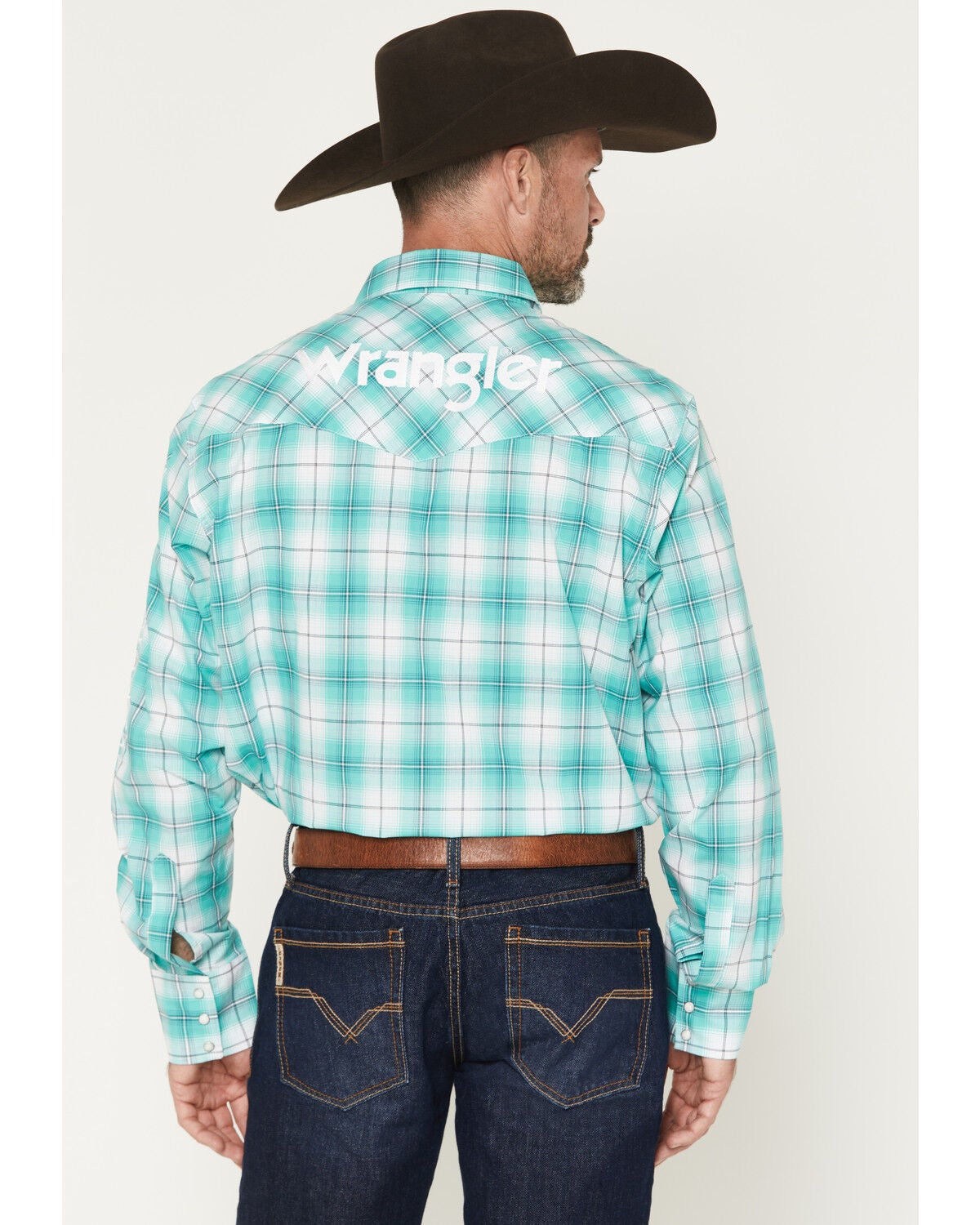 Image #4 - Wrangler Men's Logo Plaid Print Long Sleeve Snap Western Shirt, Turquoise, hi-res
