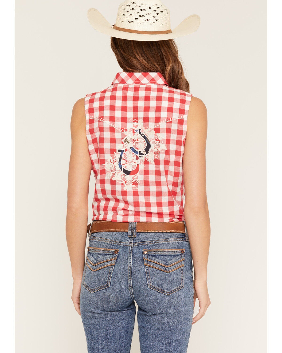 Image #4 - Shyanne Women's Dunes Gingham Tie-Front Sleeveless Pearl Snap Western Shirt, Red, hi-res