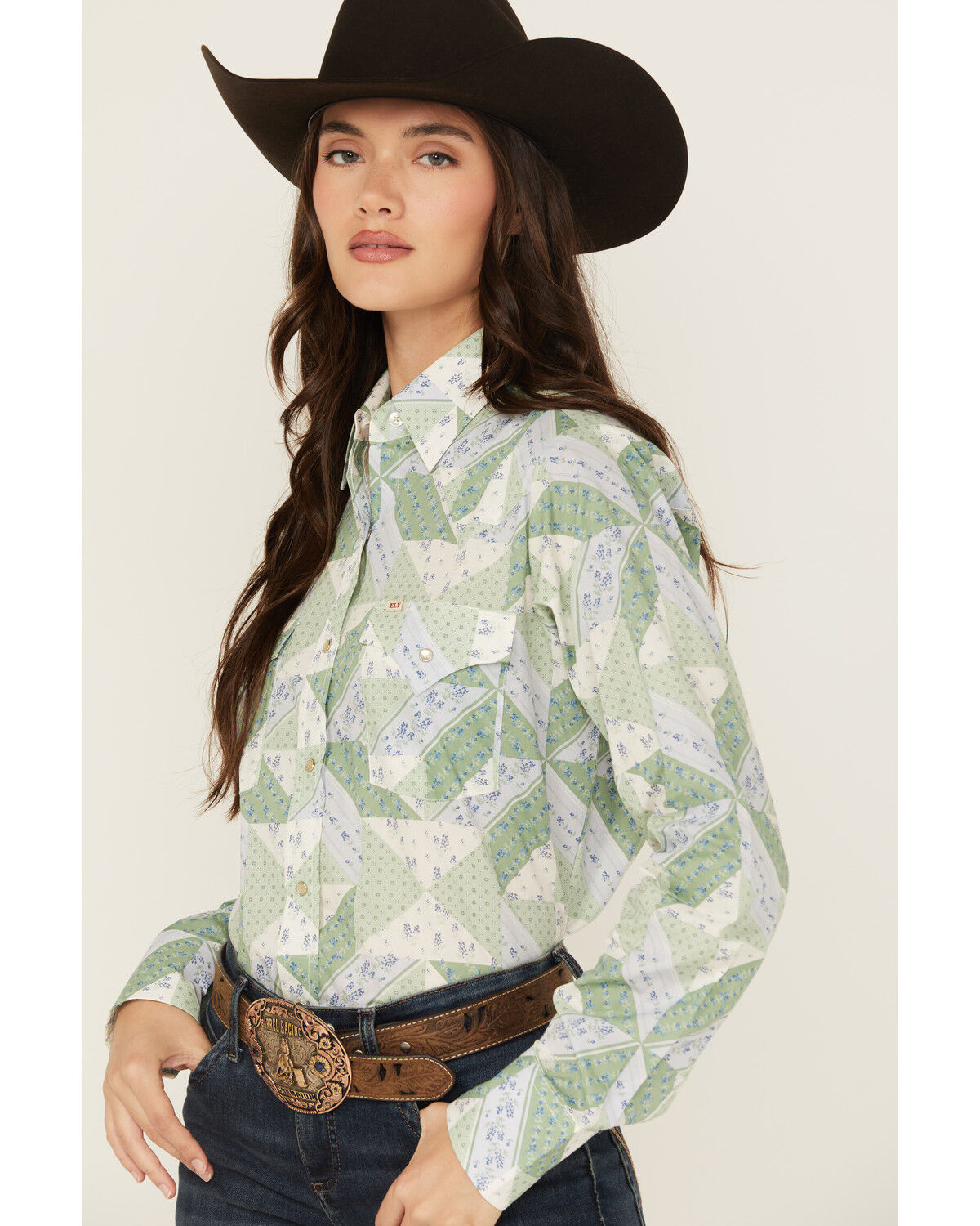 Image #3 - Cowboygirl by Jenna Paulette Women's Patchwork Print Long Sleeve Pearl Snap Western Shirt, Green, hi-res