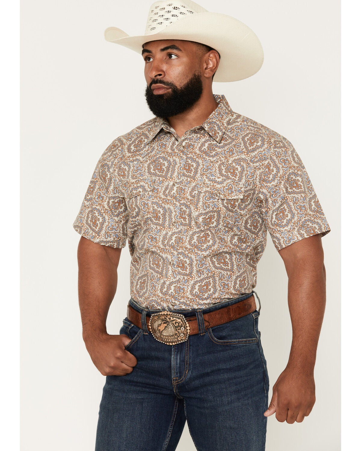 Gibson Trading Co Men's Throwback Energy Paisley Print Short Sleeve Snap Western Shirt, Cream, hi-res