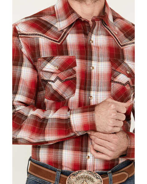 Image #3 - Rock 47 by Wrangler Men's Plaid Print Long Sleeve Snap Western Shirt, Red, hi-res