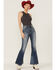 Image #1 - Sneak Peek Women's Vintage High Rise Raw Hem Dark Flare Jeans, Blue, hi-res