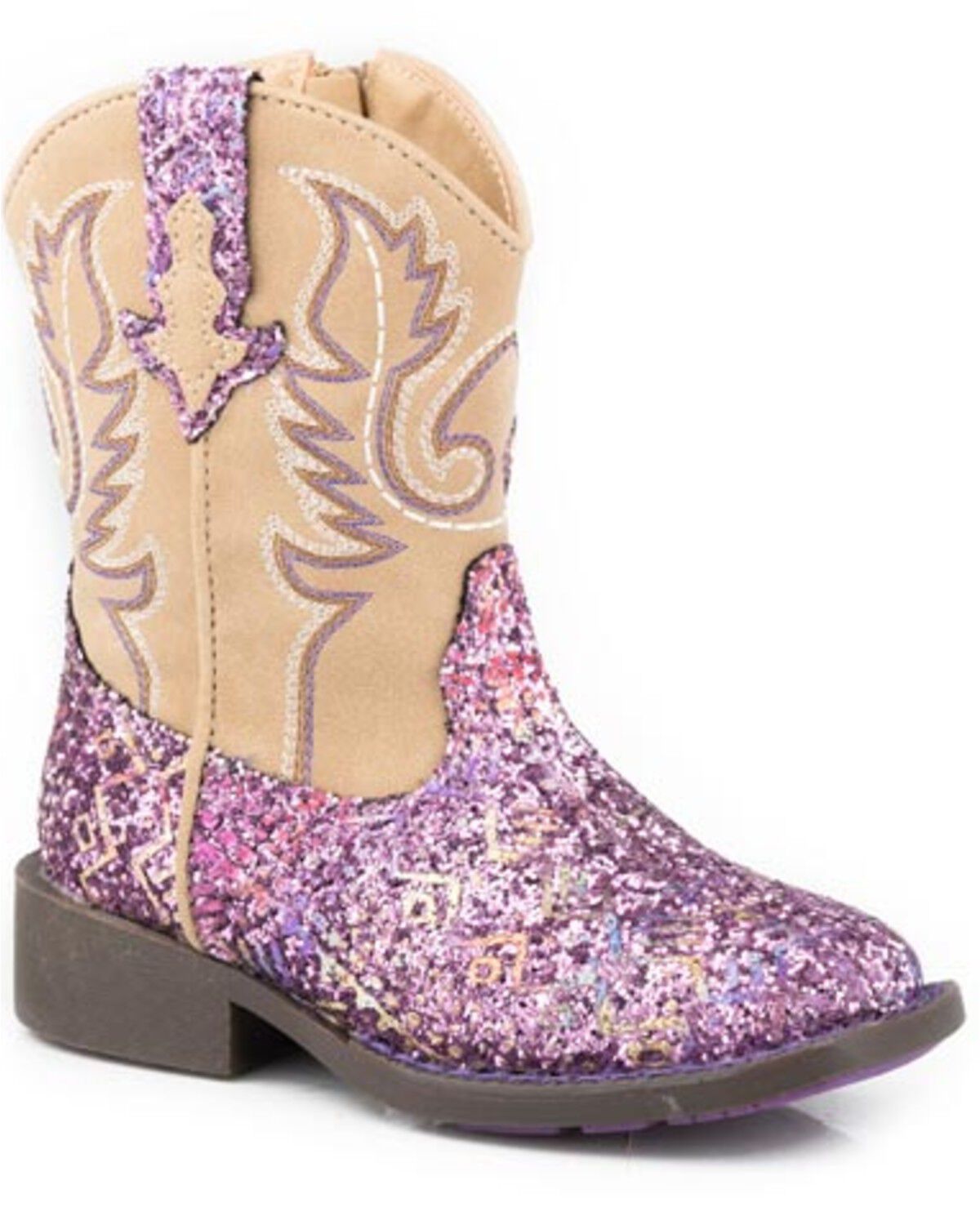 Image #1 - Roper Toddler Girls Glitter Southwestern Western Boots - Broad Square Toe, Purple, hi-res