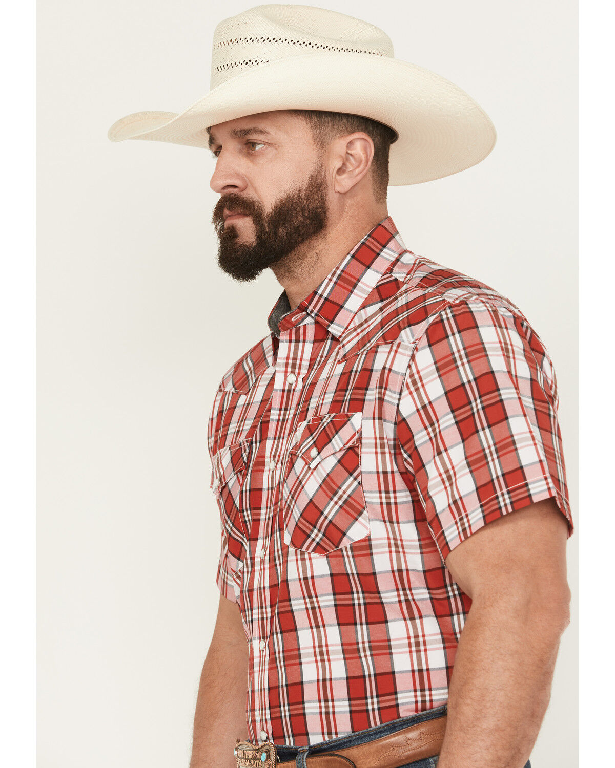 Image #2 - Rodeo Clothing Men's Plaid Print Short Sleeve Snap Stretch Western Shirt, Red, hi-res