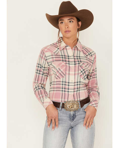 Wrangler Women's Plaid Print Long Sleeve Western Flannel Snap Shirt, Blush, hi-res
