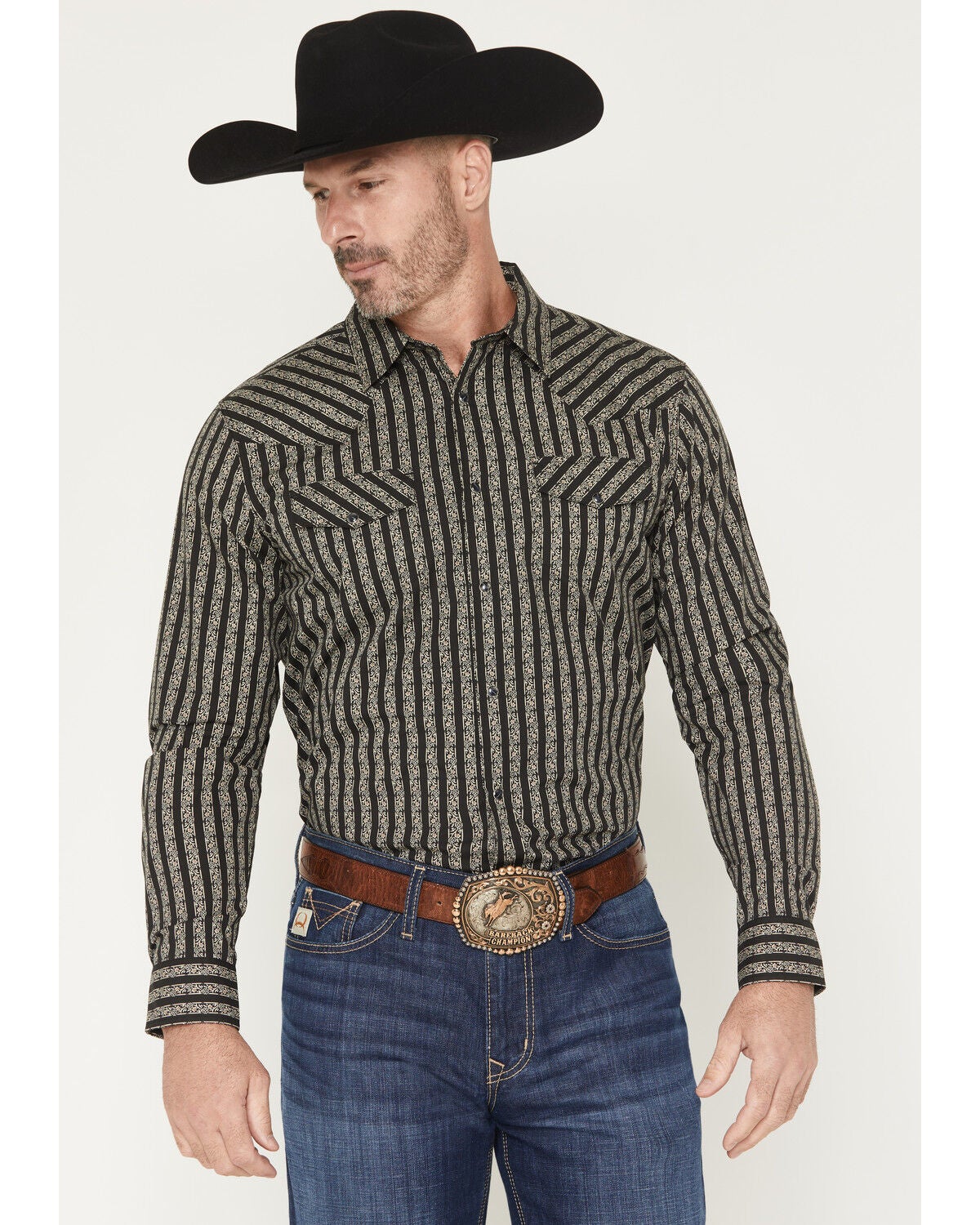 Gibson Trading Co Men's Da Club Floral Striped Long Sleeve Snap Western Shirt, Black, hi-res
