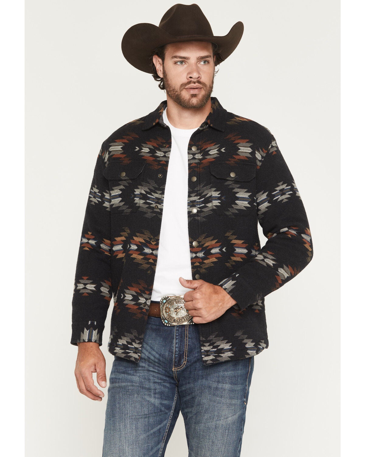 Pendleton Men's Bay City Multicolored Print Sherpa Lined Snap Jacket, Navy, hi-res