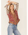 Lovestitch Women's Twin Print Tie Sleeve V-Neck Button Front Top, Red, hi-res